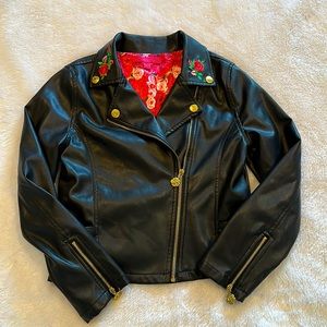 Betsey Johnson Floral Embroidered Biker Vegan Leather Jacket Size Girl's X Large